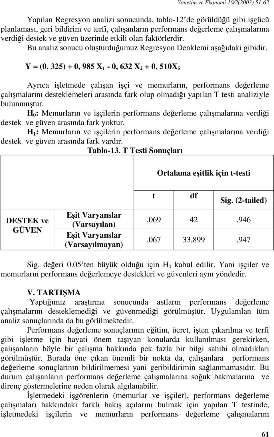 Y = (, 325) +, 985 X 1 -, 632 X 2 +, 51X 5 Ayr ca i letmede çal an i çi ve memurlar n, performans de erleme çal malar n desteklemeleri aras nda fark olup olmad yap lan T testi analiziyle bulunmu tur.