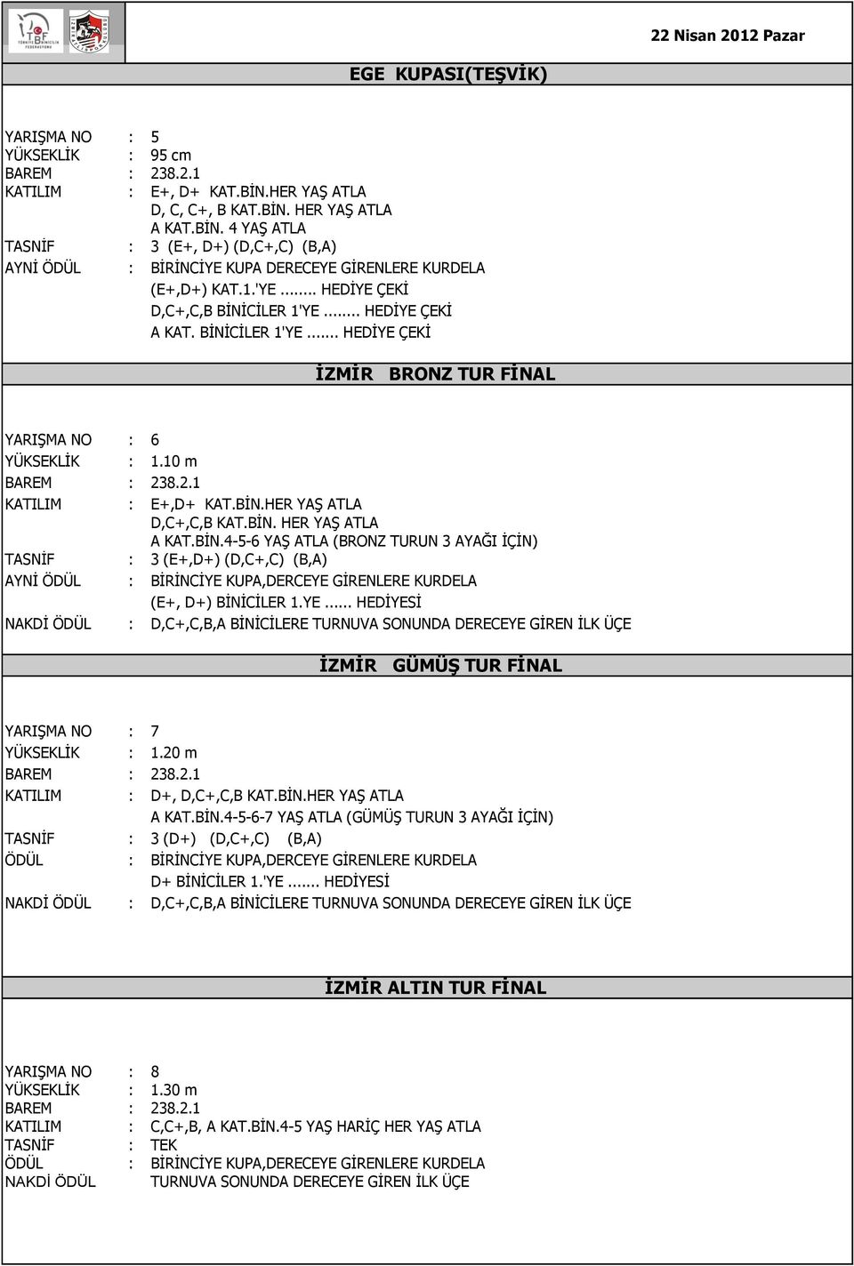 YE... HEDİYESİ NAKDİ ÖDÜL : D,C+,C,B,A BİNİCİLERE TURNUVA SONUNDA DERECEYE GİREN İLK ÜÇE İZMİR GÜMÜŞ TUR FİNAL YARIŞMA NO : 7 YÜKSEKLİK : 1.20 m KATILIM : D+, D,C+,C,B KAT.BİN.HER YAŞ ATLA A KAT.BİN.4-5-6-7 YAŞ ATLA (GÜMÜŞ TURUN 3 AYAĞI İÇİN) TASNİF : 3 (D+) (D,C+,C) (B,A) ÖDÜL : BİRİNCİYE KUPA,DERCEYE GİRENLERE KURDELA D+ BİNİCİLER 1.