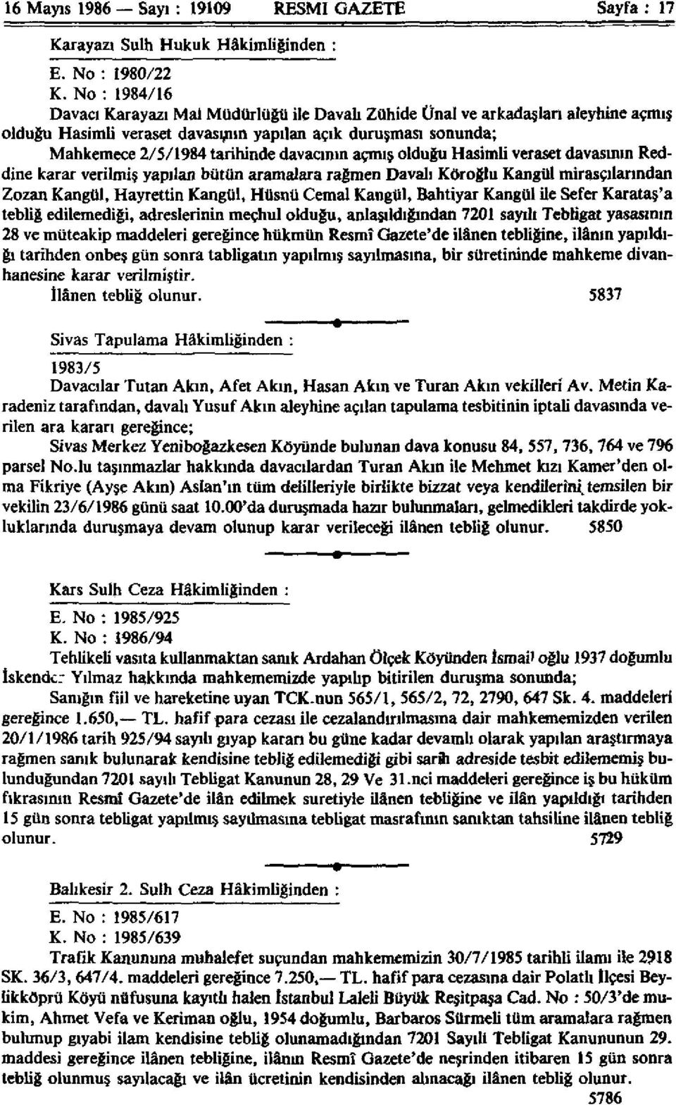 açmış olduğu Hasimli veraset davasının Reddine karar verilmiş yapılan bütün aramalara rağmen Davalı Köroğlu Kangül mirasçılarından Zozan Kangül, Hayrettin Kangül, Hüsnü Cemal Kangül, Bahtiyar Kangül