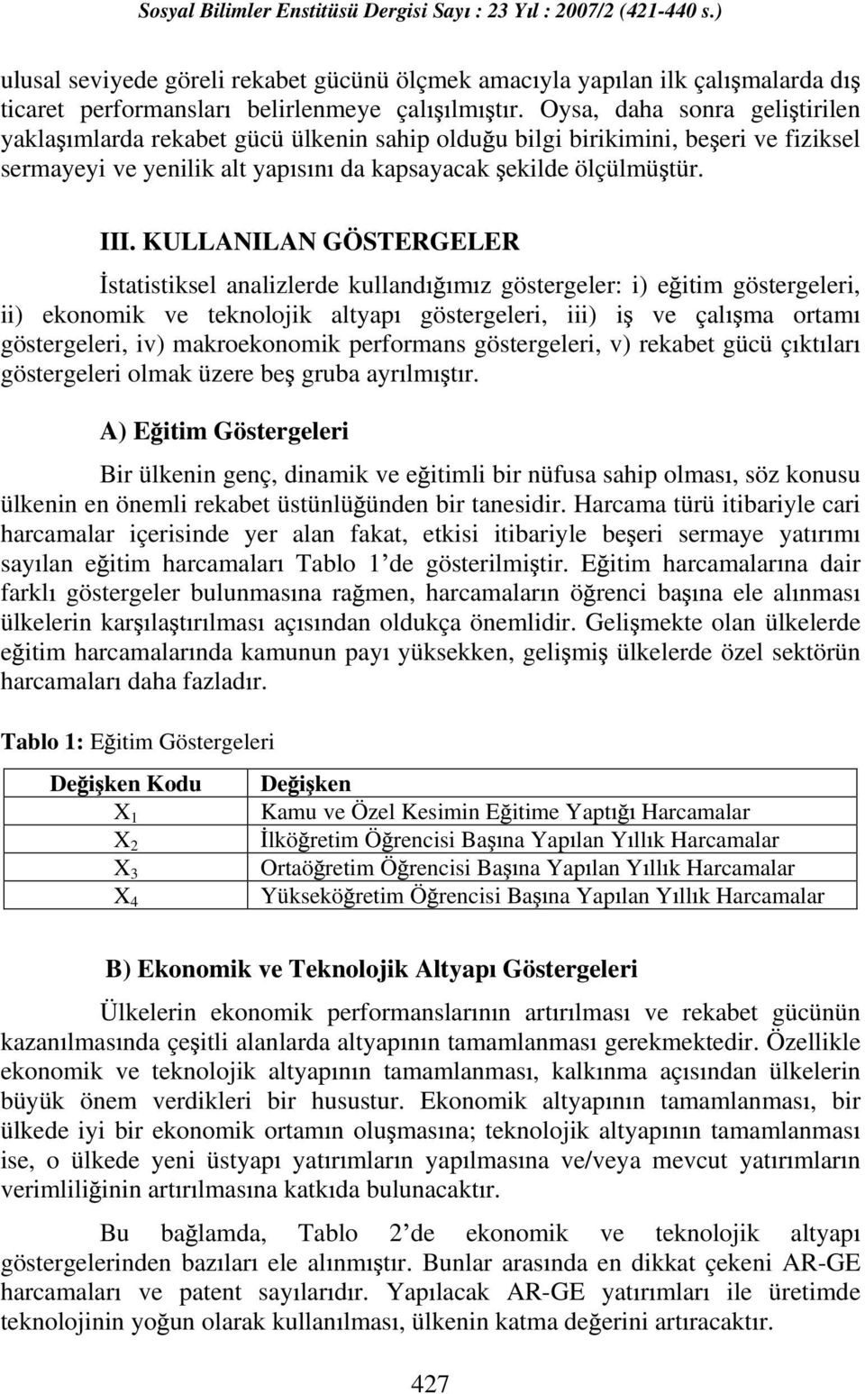 KULLANILAN GÖSTERGELER statistiksel analizlerde kulland m z göstergeler: i) e itim göstergeleri, ii) ekonomik ve teknolojik altyap göstergeleri, iii) i ve çal ma ortam göstergeleri, iv) makroekonomik