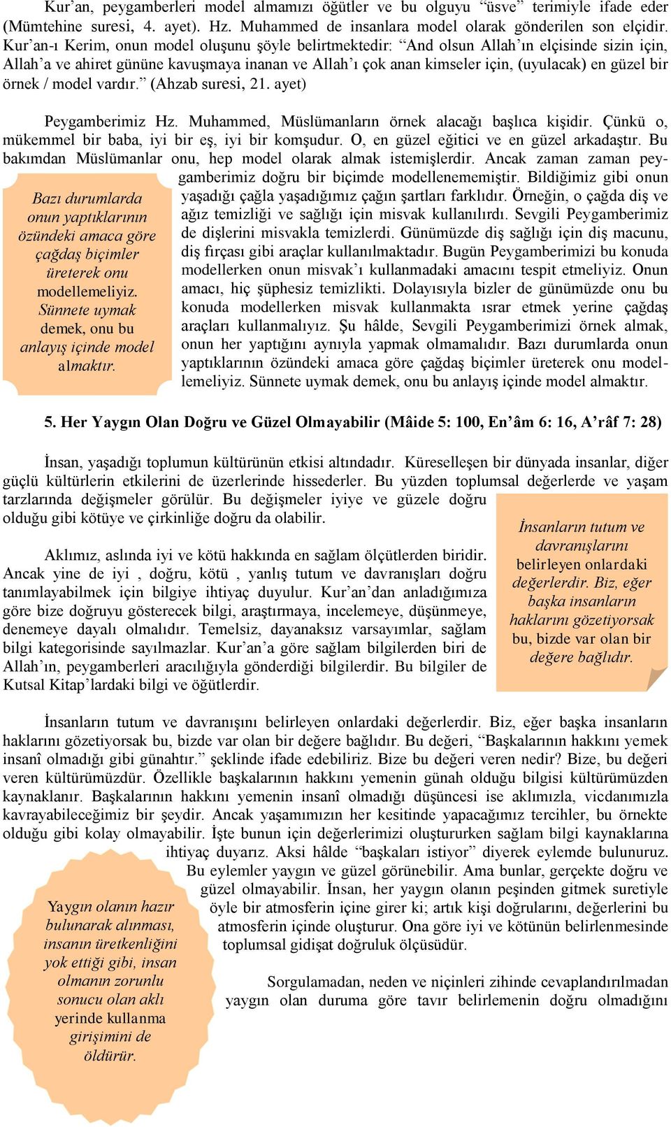 örnek / model vardır. (Ahzab suresi, 21. ayet) Bazı durumlarda onun yaptıklarının özündeki amaca göre çağdaş biçimler üreterek onu modellemeliyiz.