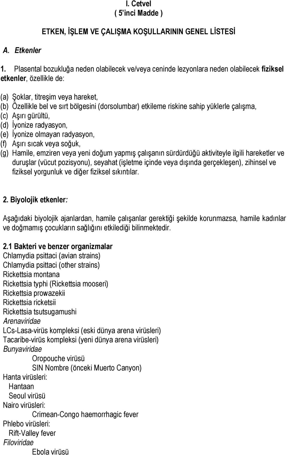 etkileme riskine sahip yüklerle çalışma, (c) Aşırı gürültü, (d) İyonize radyasyon, (e) İyonize olmayan radyasyon, (f) Aşırı sıcak veya soğuk, (g) Hamile, emziren veya yeni doğum yapmış çalışanın