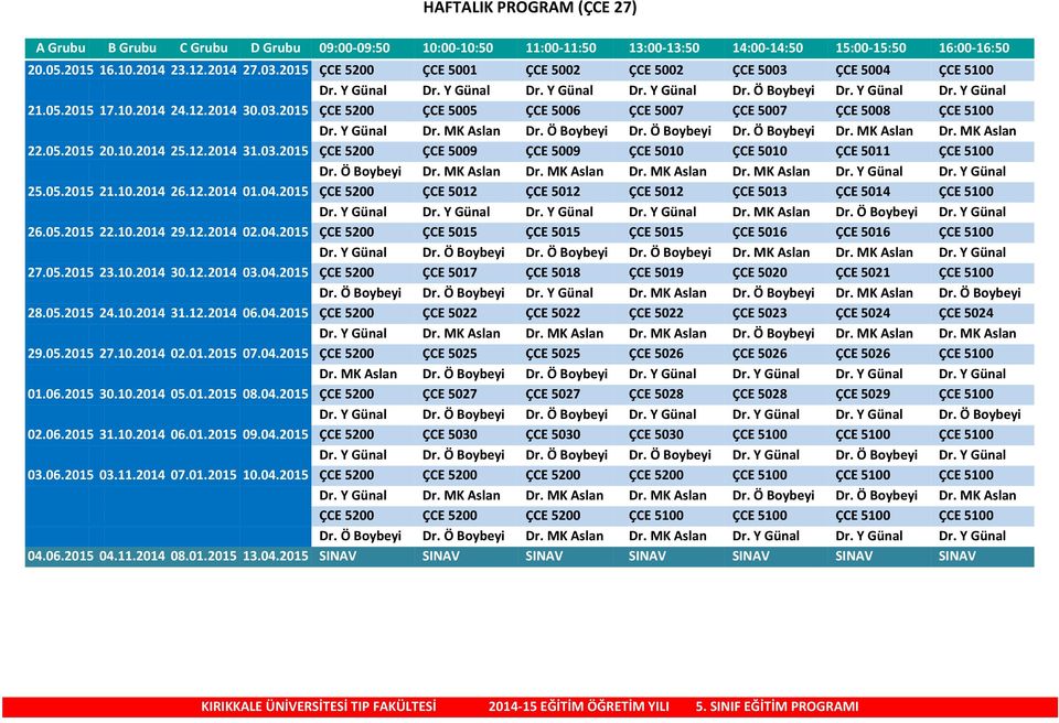 Y Günal Dr. MK Aslan Dr. Ö Boybeyi Dr. Ö Boybeyi Dr. Ö Boybeyi Dr. MK Aslan Dr. MK Aslan 22.05.2015 20.10.2014 25.12.2014 31.03.2015 ÇCE 5200 ÇCE 5009 ÇCE 5009 ÇCE 5010 ÇCE 5010 ÇCE 5011 ÇCE 5100 Dr.