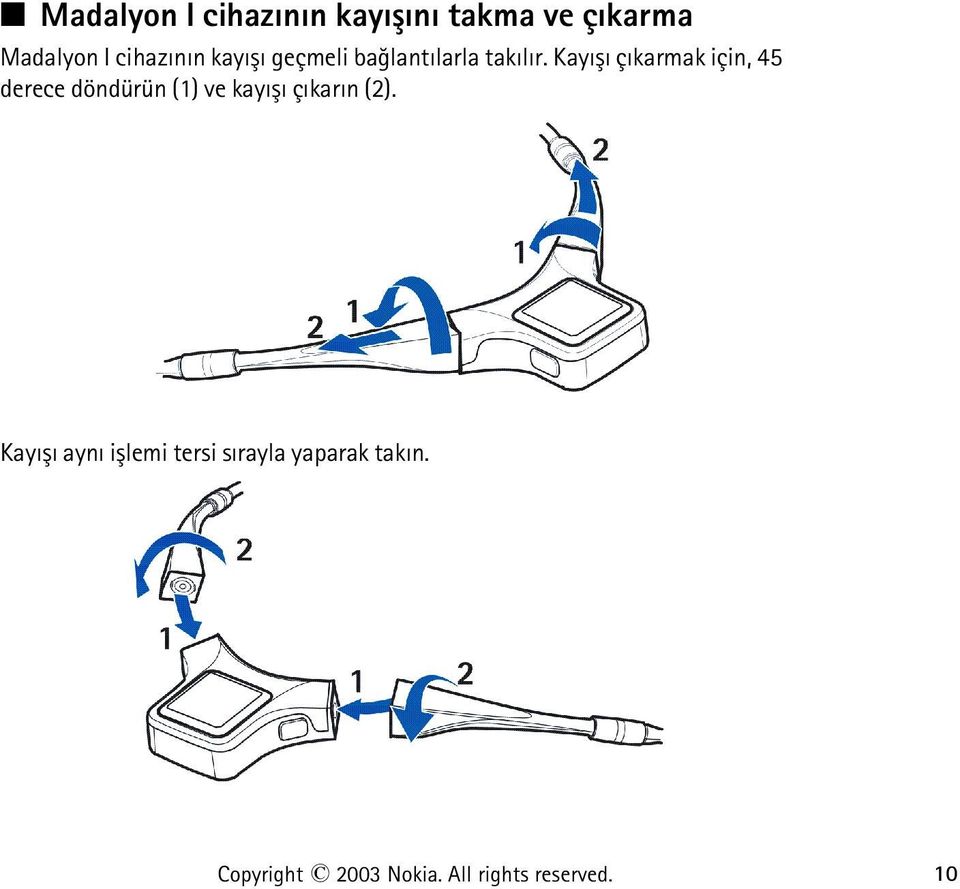 Kayýþý çýkarmak için, 45 derece döndürün (1) ve kayýþý çýkarýn (2).