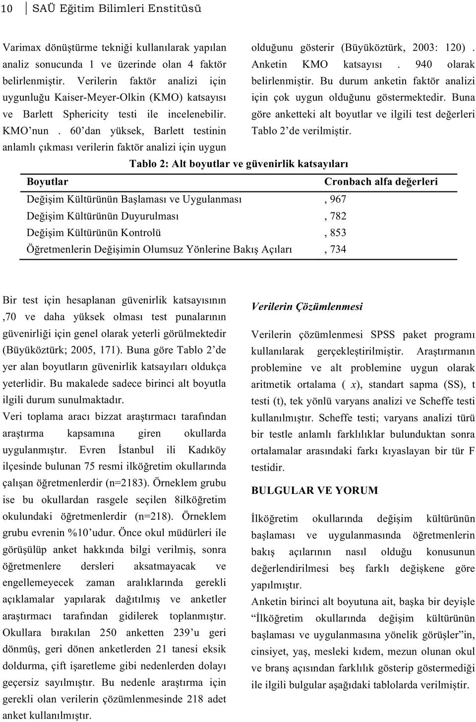 KMO nun. 60 dan yüksek, Barlett testinin için çok uygun olduğunu göstermektedir. Buna göre anketteki alt boyutlar ve ilgili test değerleri Tablo 2 de verilmiştir.