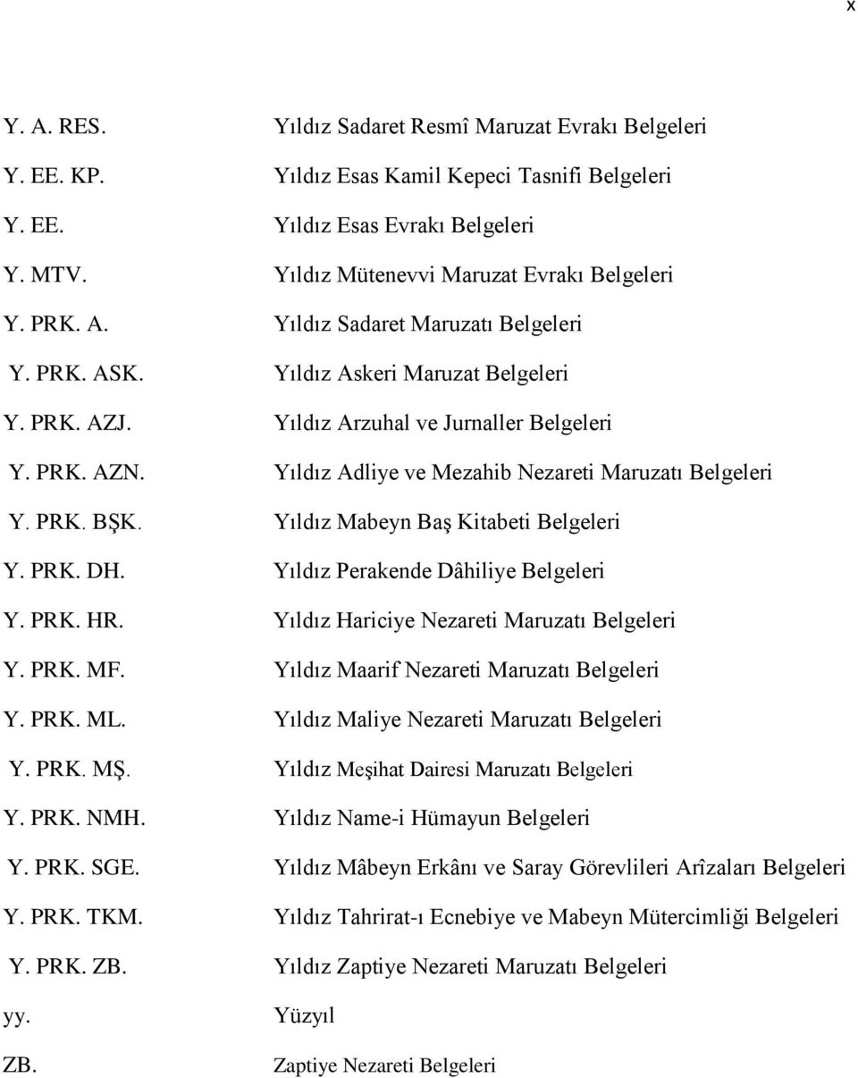 Yıldız Adliye ve Mezahib Nezareti Maruzatı Belgeleri Y. PRK. BŞK. Yıldız Mabeyn Baş Kitabeti Belgeleri Y. PRK. DH. Yıldız Perakende Dâhiliye Belgeleri Y. PRK. HR.