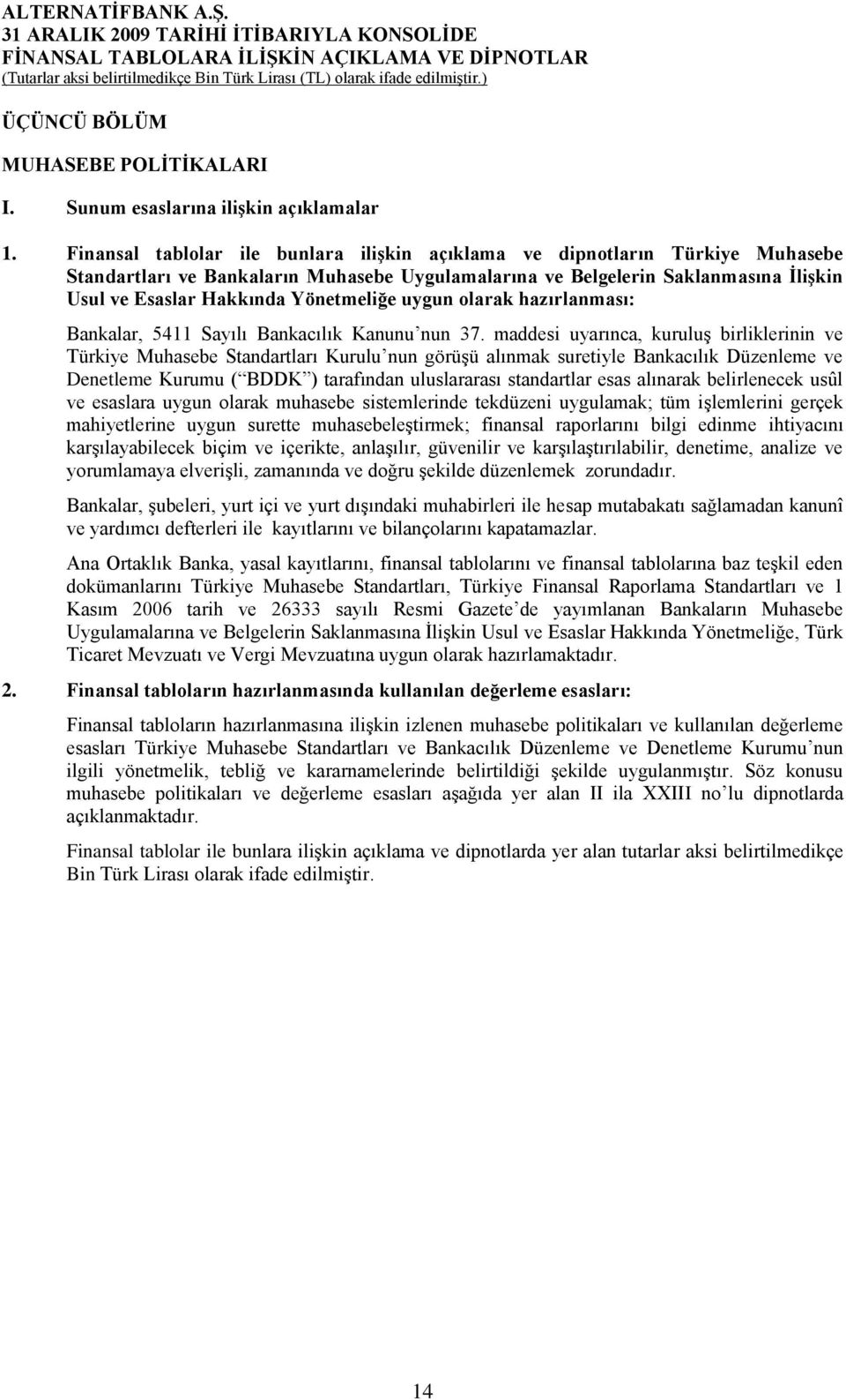 Yönetmeliğe uygun olarak hazırlanması: Bankalar, 5411 Sayılı Bankacılık Kanunu nun 37.