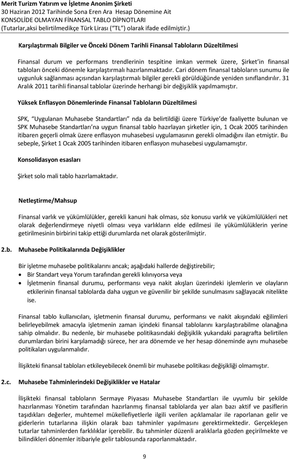 31 Aralık 2011 tarihli finansal tablolar üzerinde herhangi bir değişiklik yapılmamıştır.