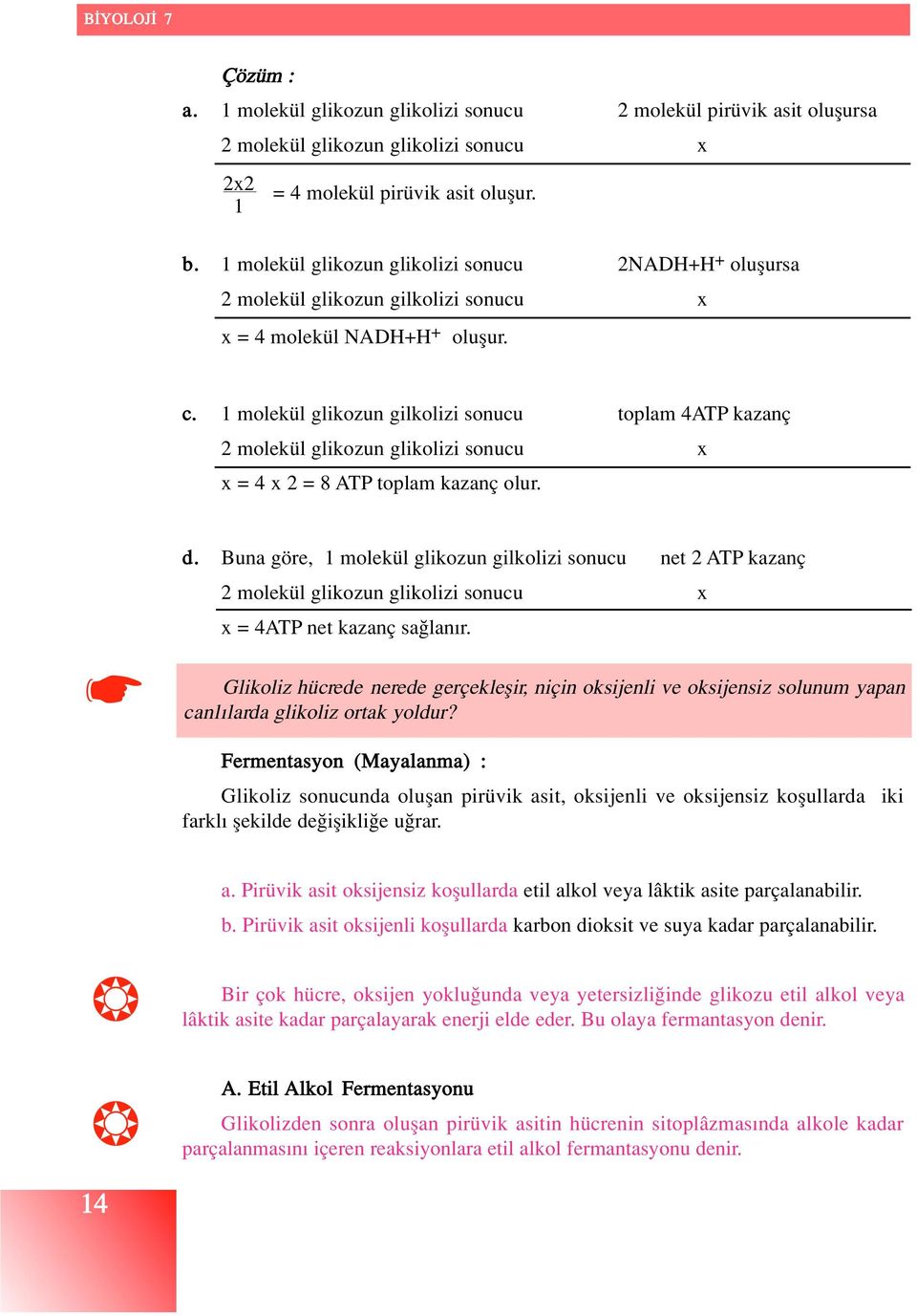 1 molekül glikozun gilkolizi sonucu toplam 4ATP kazanç 2 molekül glikozun glikolizi sonucu x x = 4 x 2 = 8 ATP toplam kazanç olur. d.