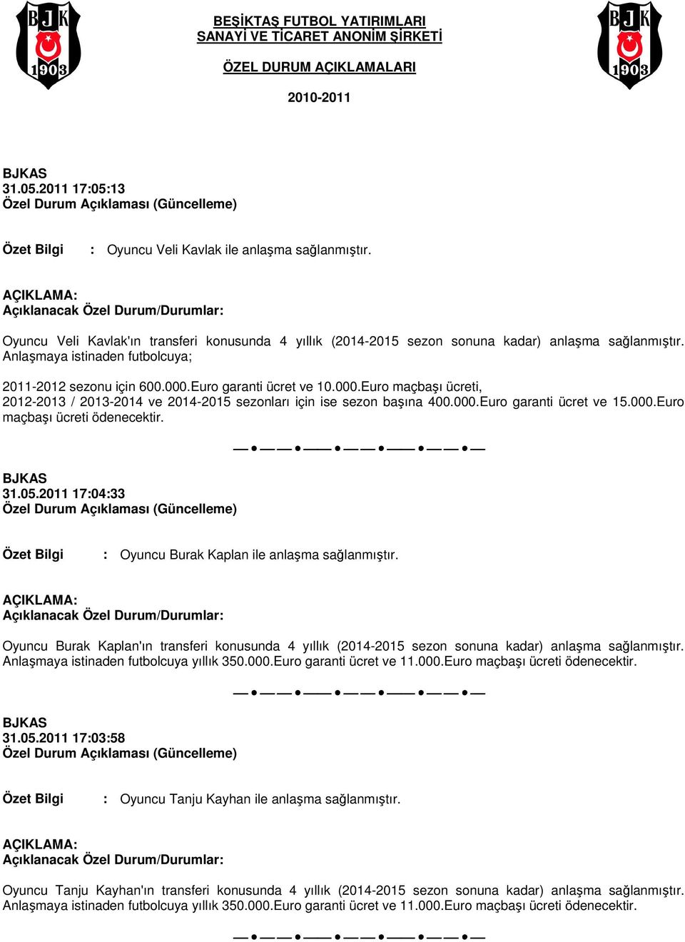 Euro garanti ücret ve 10.000.Euro maçbaşı ücreti, 2012-2013 / 2013-2014 ve 2014-2015 sezonları için ise sezon başına 400.000.Euro garanti ücret ve 15.000.Euro maçbaşı ücreti ödenecektir. 31.05.