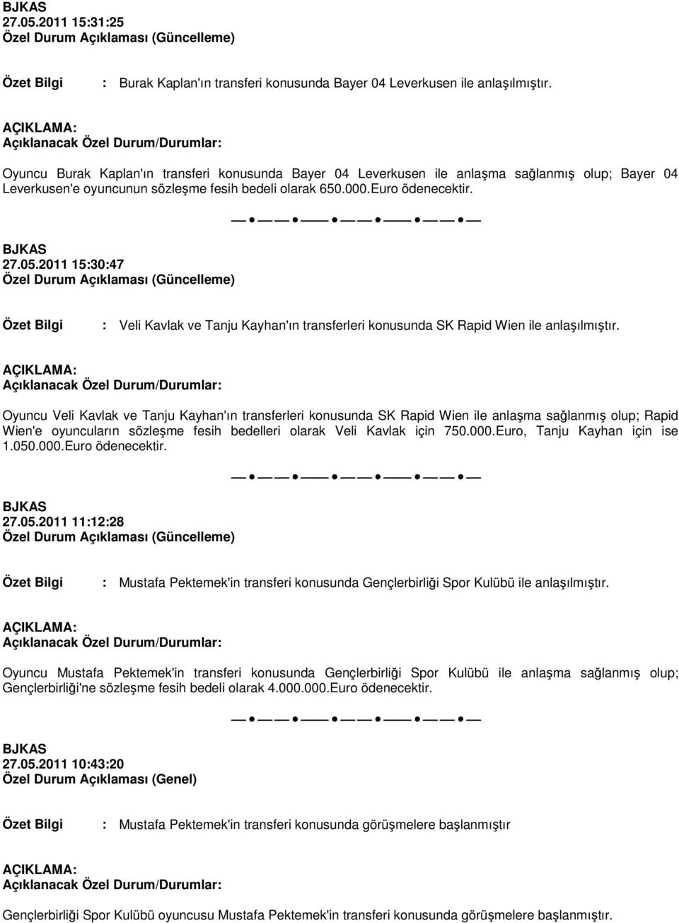 2011 15:30:47 : Veli Kavlak ve Tanju Kayhan'ın transferleri konusunda SK Rapid Wien ile anlaşılmıştır.