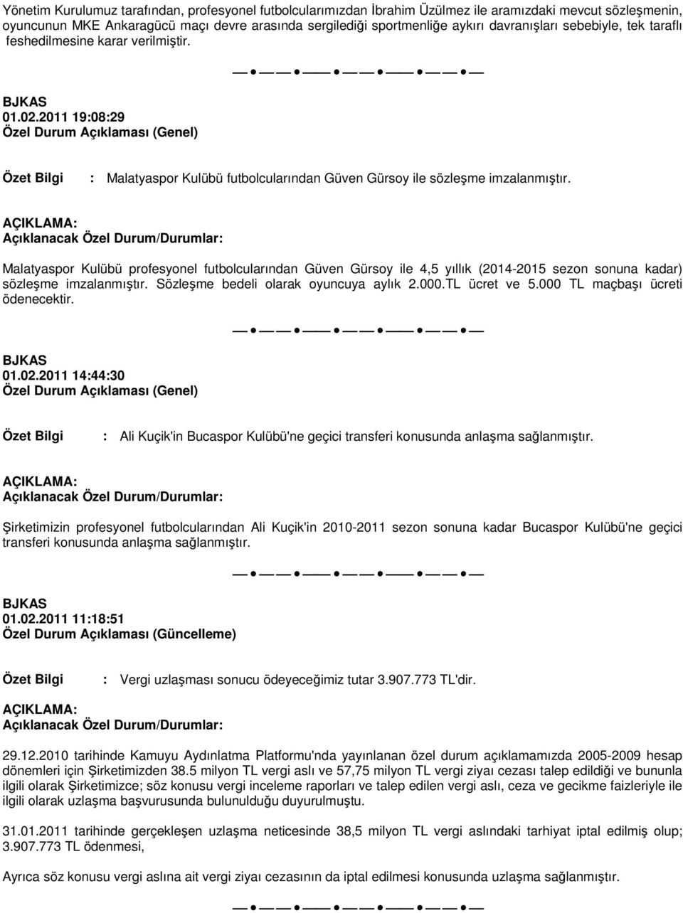 Malatyaspor Kulübü profesyonel futbolcularından Güven Gürsoy ile 4,5 yıllık (2014-2015 sezon sonuna kadar) sözleşme imzalanmıştır. Sözleşme bedeli olarak oyuncuya aylık 2.000.TL ücret ve 5.