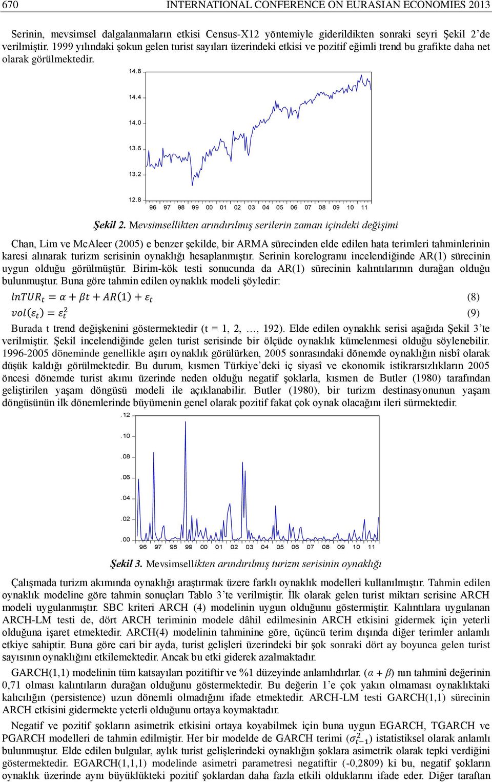 Mevsimsellikten arındırılmış serilerin zaman içindeki değişimi Chan, Lim ve McAleer (005) e benzer şekilde, bir ARMA sürecinden elde edilen hata terimleri tahminlerinin karesi alınarak turizm