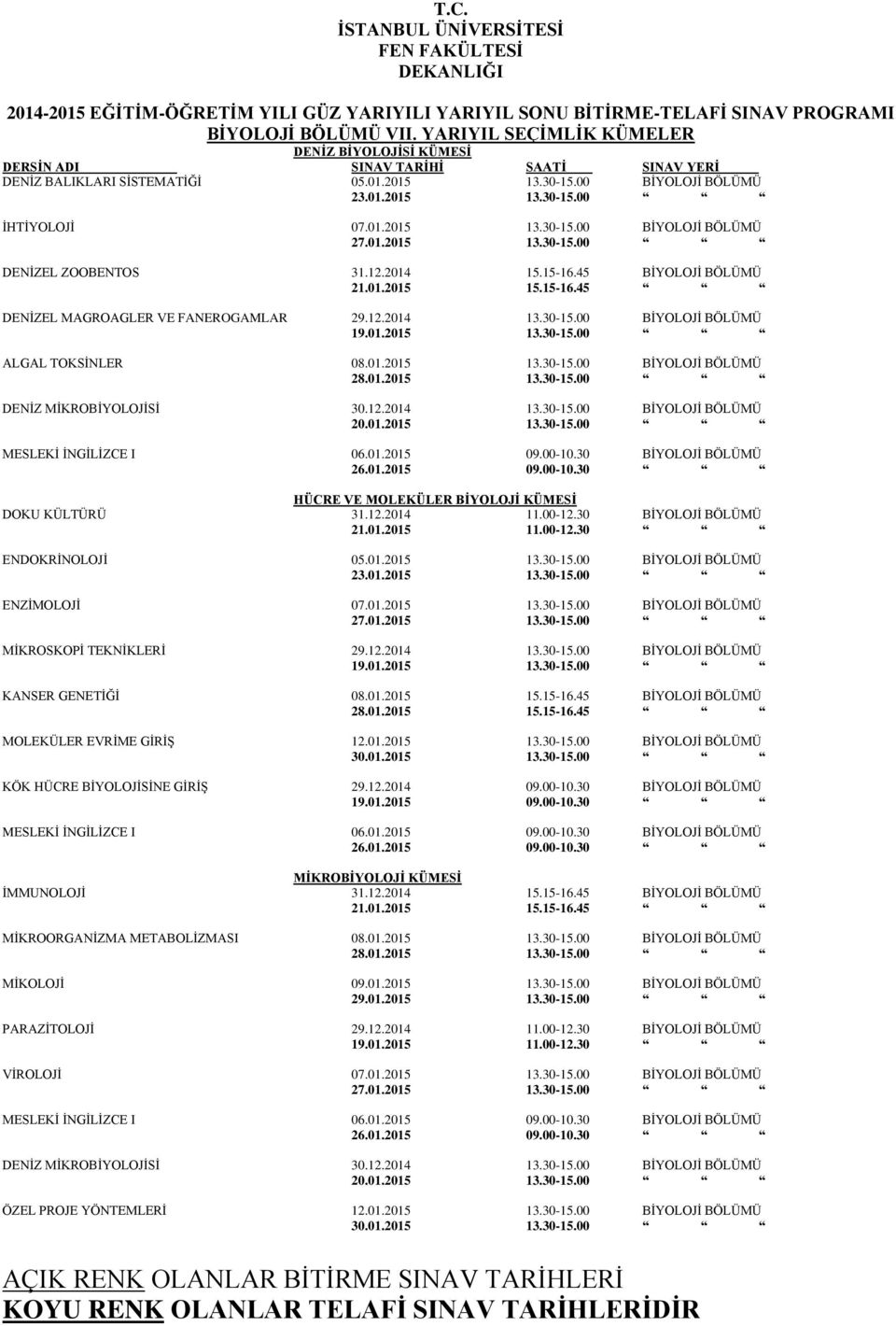 12.2014 11.00-12.30 BİYOLOJİ BÖLÜMÜ ENDOKRİNOLOJİ 05.01.2015 13.30-15.00 BİYOLOJİ BÖLÜMÜ ENZİMOLOJİ 07.01.2015 13.30-15.00 BİYOLOJİ BÖLÜMÜ MİKROSKOPİ TEKNİKLERİ 29.12.2014 13.30-15.00 BİYOLOJİ BÖLÜMÜ KANSER GENETİĞİ 08.