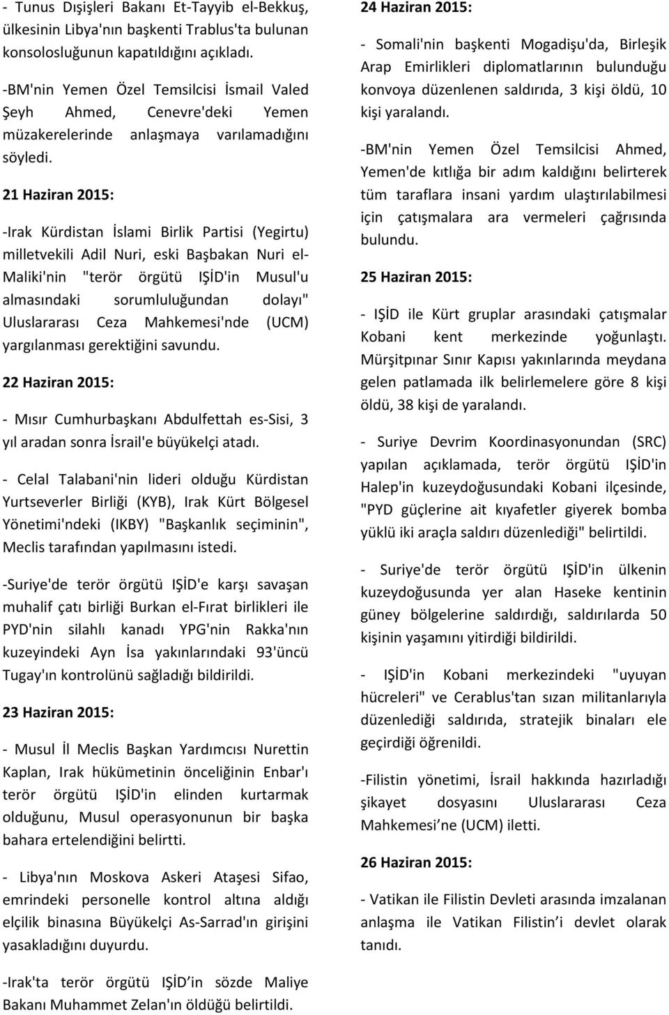 21 Haziran 2015: -Irak Kürdistan İslami Birlik Partisi (Yegirtu) milletvekili Adil Nuri, eski Başbakan Nuri el- Maliki'nin "terör örgütü IŞİD'in Musul'u almasındaki sorumluluğundan dolayı"