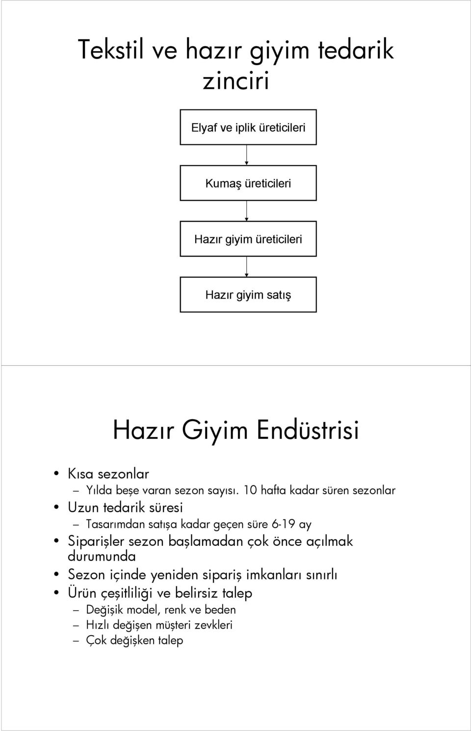 10 hafta kadar süren sezonlar Uzun tedarik süresi Tasarımdan satışa kadar geçen süre 6-19 ay Siparişler sezon başlamadan çok