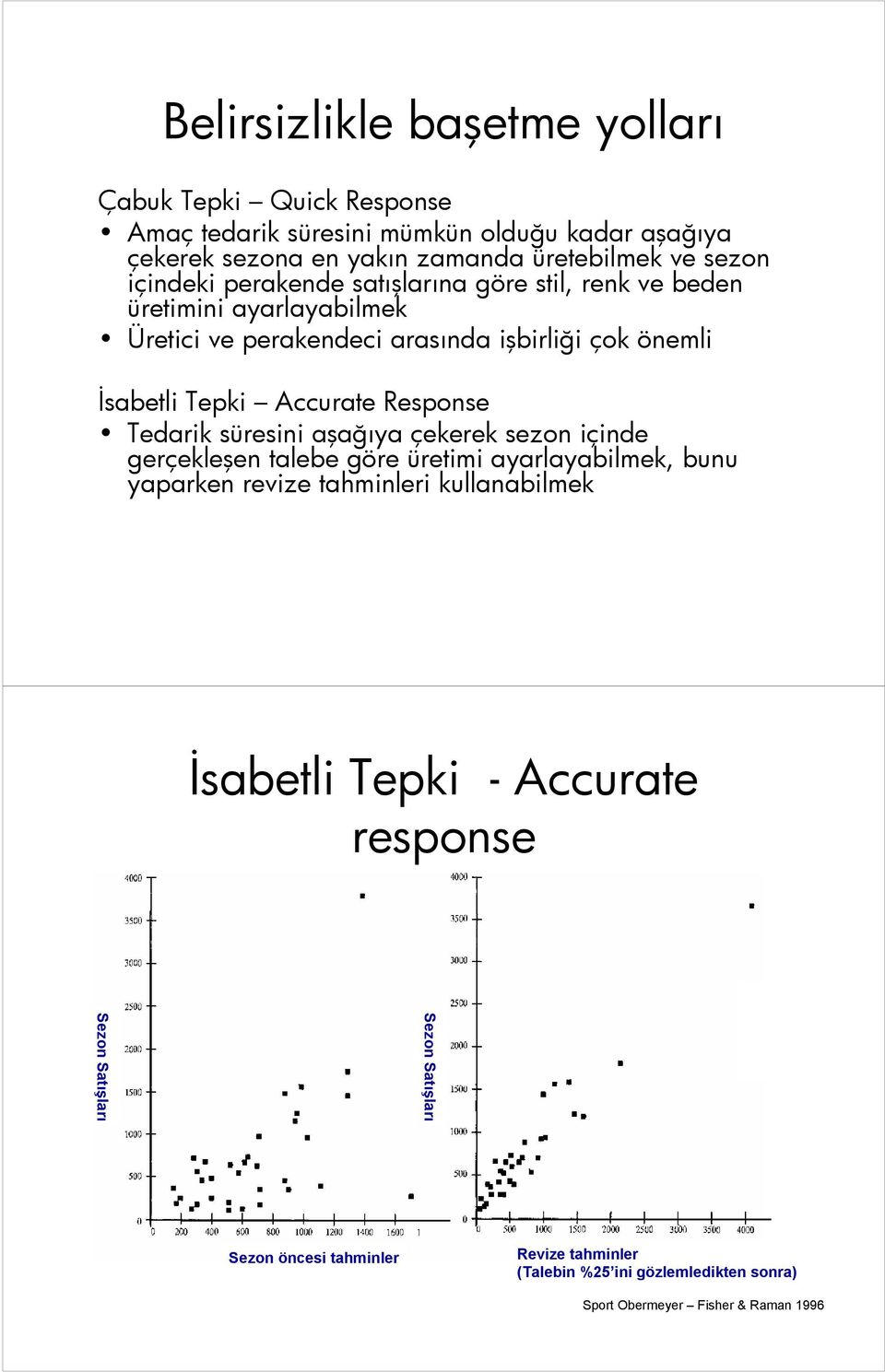 Response Tedarik süresini aşağıya çekerek sezon içinde gerçekleşen talebe göre üretimi ayarlayabilmek, bunu yaparken revize tahminleri kullanabilmek İsabetli