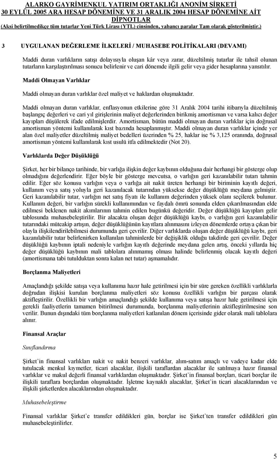 Maddi olmayan duran varlıklar, enflasyonun etkilerine göre 31 Aralık 2004 tarihi itibarıyla düzeltilmiş başlangıç değerleri ve cari yıl girişlerinin maliyet değerlerinden birikmiş amortisman ve varsa