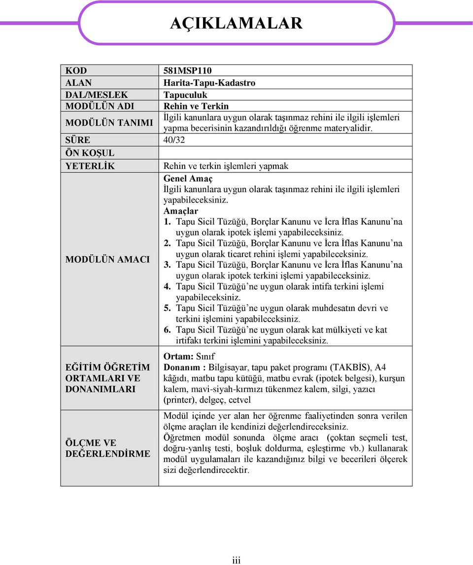 SÜRE 40/32 ÖN KOġUL YETERLĠK Rehin ve terkin iģlemleri yapmak Genel Amaç Ġlgili kanunlara uygun olarak taģınmaz rehini ile ilgili iģlemleri yapabileceksiniz. Amaçlar 1.