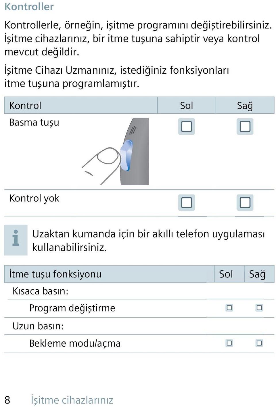 İşitme Cihazı Uzmanınız, istediğiniz fonksiyonları itme tuşuna programlamıştır.