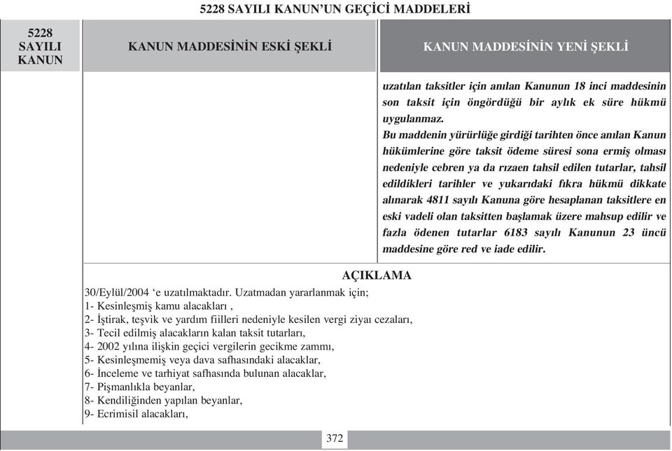 Bu maddenin yürürlü e girdi i tarihten önce an lan Kanun hükümlerine göre taksit ödeme süresi sona ermifl olmas nedeniyle cebren ya da r zaen tahsil edilen tutarlar, tahsil edildikleri tarihler ve