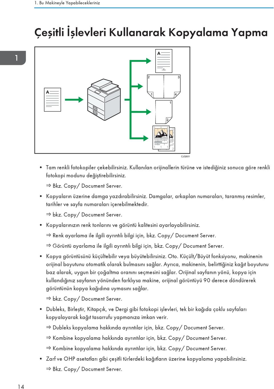 Damgalar, arkaplan numaraları, taranmış resimler, tarihler ve sayfa numaraları içerebilmektedir. bkz. Copy/ Document Server. Kopyalarınızın renk tonlarını ve görüntü kalitesini ayarlayabilirsiniz.