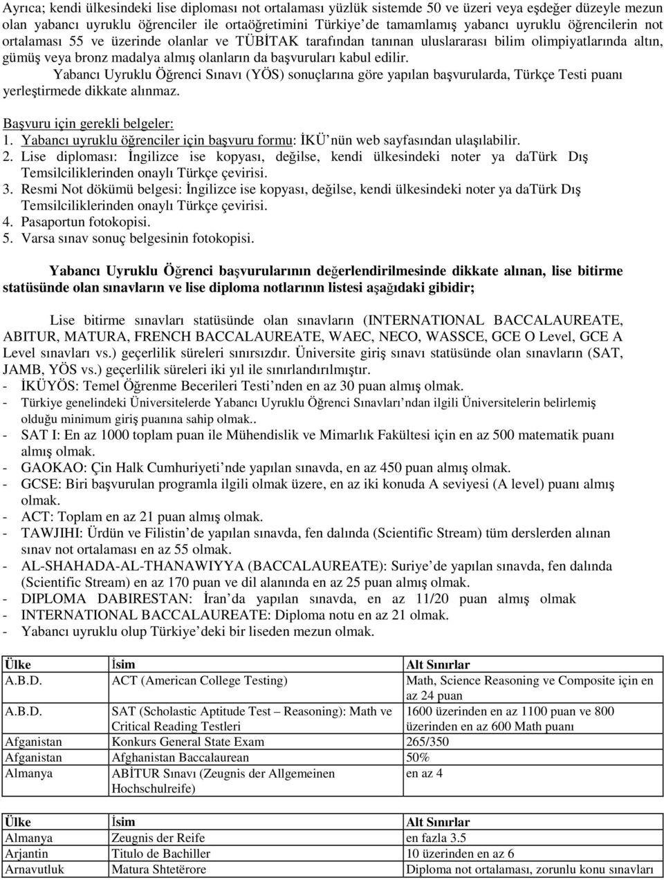 Yabancı Uyruklu Öğrenci Sınavı (YÖS) sonuçlarına göre yapılan başvurularda, Türkçe Testi puanı yerleştirmede dikkate alınmaz. Başvuru için gerekli belgeler: 1.