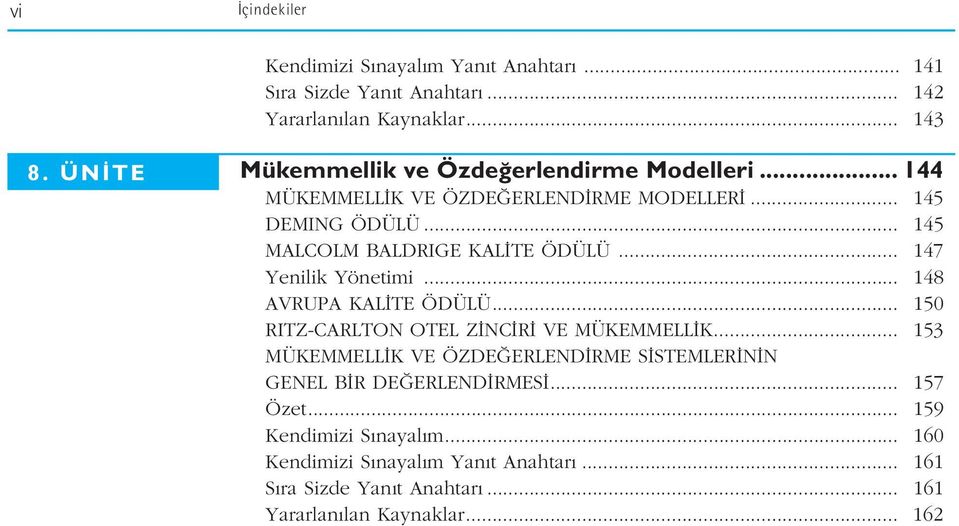 .. 147 Yenilik Yönetimi... 148 AVRUPA KAL TE ÖDÜLÜ... 150 RITZ-CARLTON OTEL Z NC R VE MÜKEMMELL K.