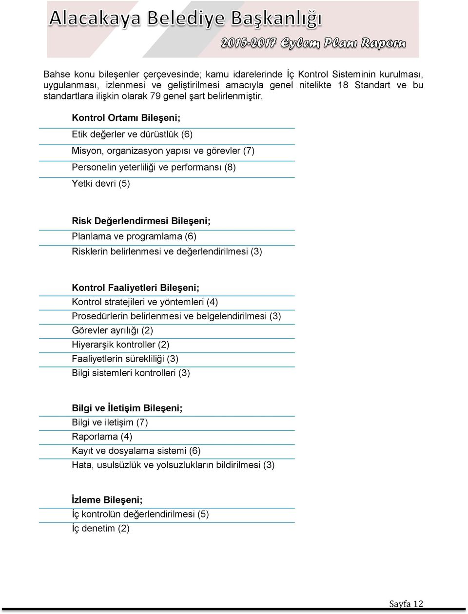 Kontrol Ortamı Bileşeni; Etik değerler ve dürüstlük (6) Misyon, organizasyon yapısı ve görevler (7) Personelin yeterliliği ve performansı (8) Yetki devri (5) Risk Değerlendirmesi Bileşeni; Planlama