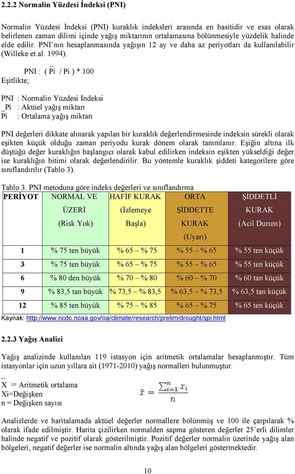 _ PNI : ( Pi / Pi ) * 100 Eşitlikte; PNI : Normalin Yüzdesi İndeksi _Pi : Aktüel yağış miktarı Pi : Ortalama yağış miktarı PNI değerleri dikkate alınarak yapılan bir kuraklık değerlendirmesinde