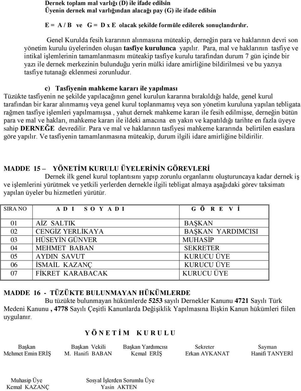 Para, mal ve haklarının tasfiye ve intikal işlemlerinin tamamlanmasını müteakip tasfiye kurulu tarafından durum 7 gün içinde bir yazı ile dernek merkezinin bulunduğu yerin mülki idare amirliğine