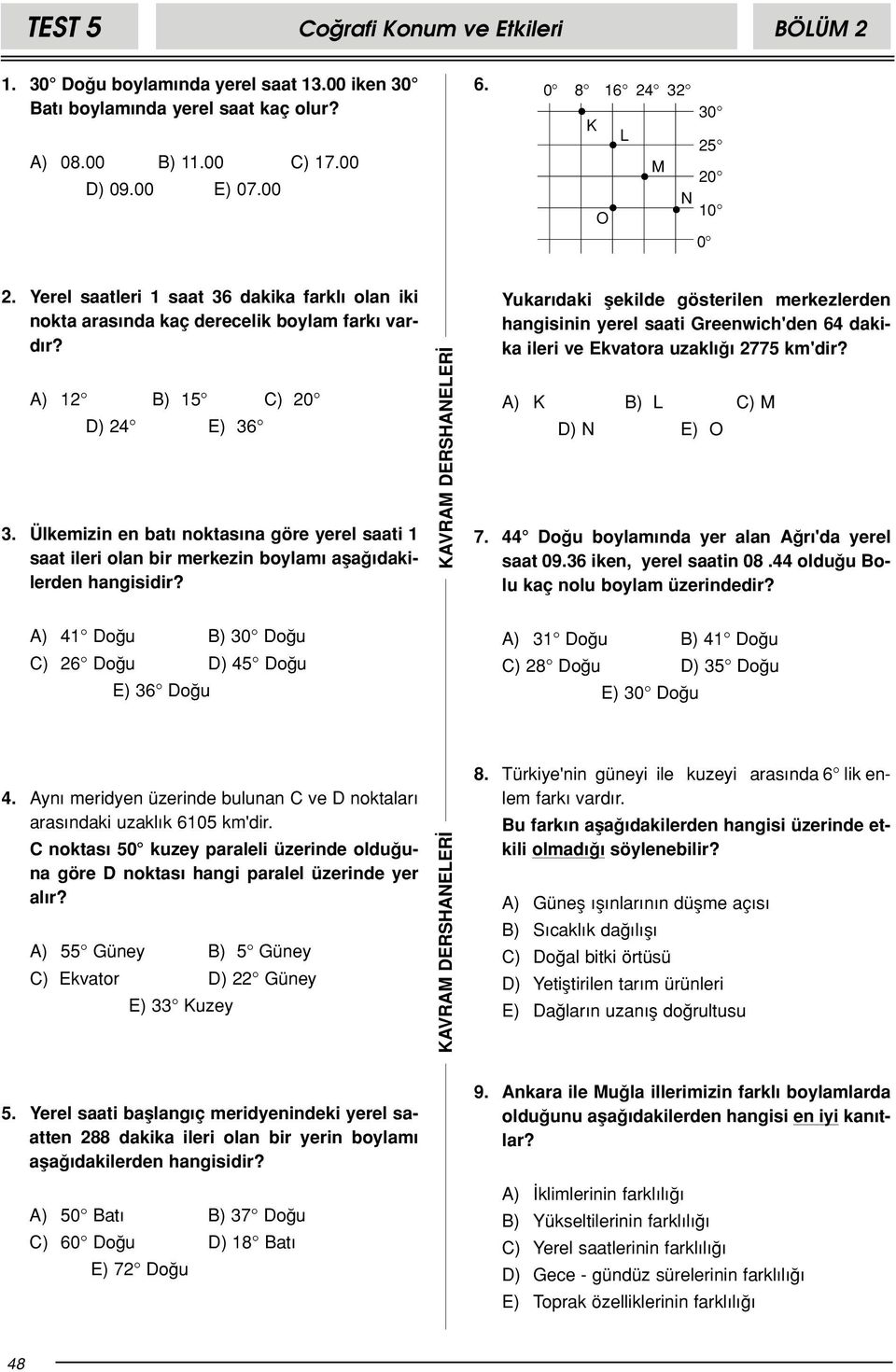 Ülkemizin en bat noktas na göre yerel saati 1 saat ileri olan bir merkezin boylam afla dakilerden hangisidir?