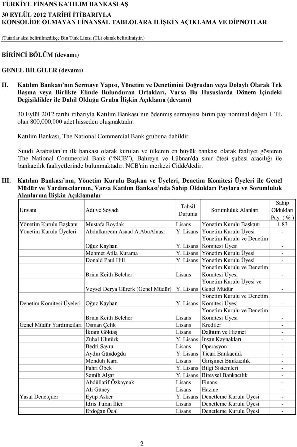 Olduğu Gruba İlişkin Açıklama (devamı) 30 Eylül 2012 tarihi itibarıyla Katılım Bankası nın ödenmiş sermayesi birim pay nominal değeri 1 TL olan 800,000,000 adet hisseden oluşmaktadır.