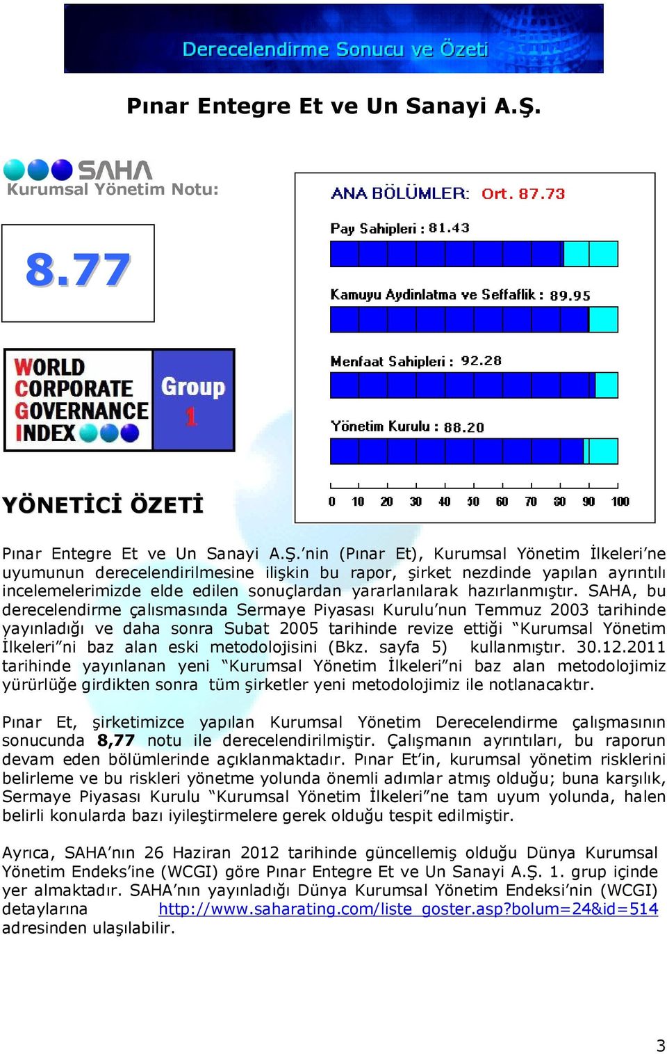 77 YÖNETİCİ ÖZETİ  nin (Pınar Et), Kurumsal Yönetim İlkeleri ne uyumunun derecelendirilmesine ilişkin bu rapor, şirket nezdinde yapılan ayrıntılı incelemelerimizde elde edilen sonuçlardan