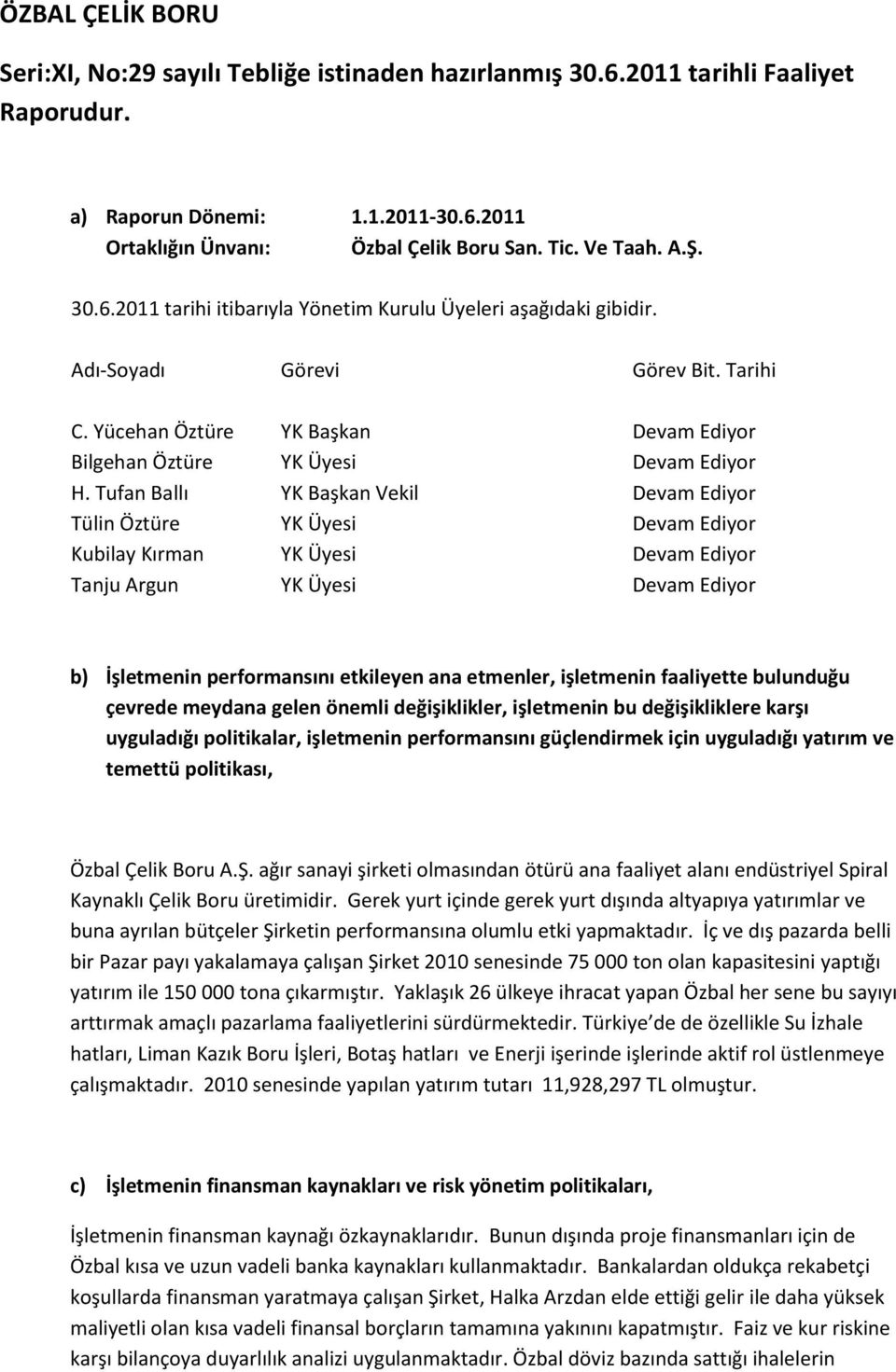 Tufan Ballı YK Başkan Vekil Devam Ediyor Tülin Öztüre YK Üyesi Devam Ediyor Kubilay Kırman YK Üyesi Devam Ediyor Tanju Argun YK Üyesi Devam Ediyor b) İşletmenin performansını etkileyen ana etmenler,