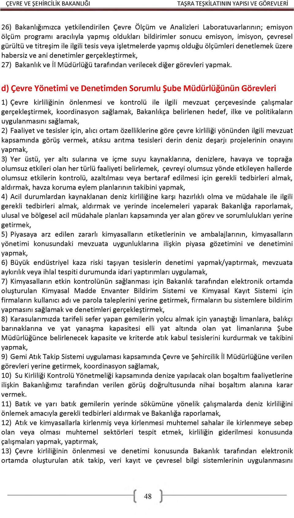 d) Çevre Yönetimi ve Denetimden Sorumlu Şube Müdürlüğünün Görevleri 1) Çevre kirliliğinin önlenmesi ve kontrolü ile ilgili mevzuat çerçevesinde çalışmalar gerçekleştirmek, koordinasyon sağlamak,