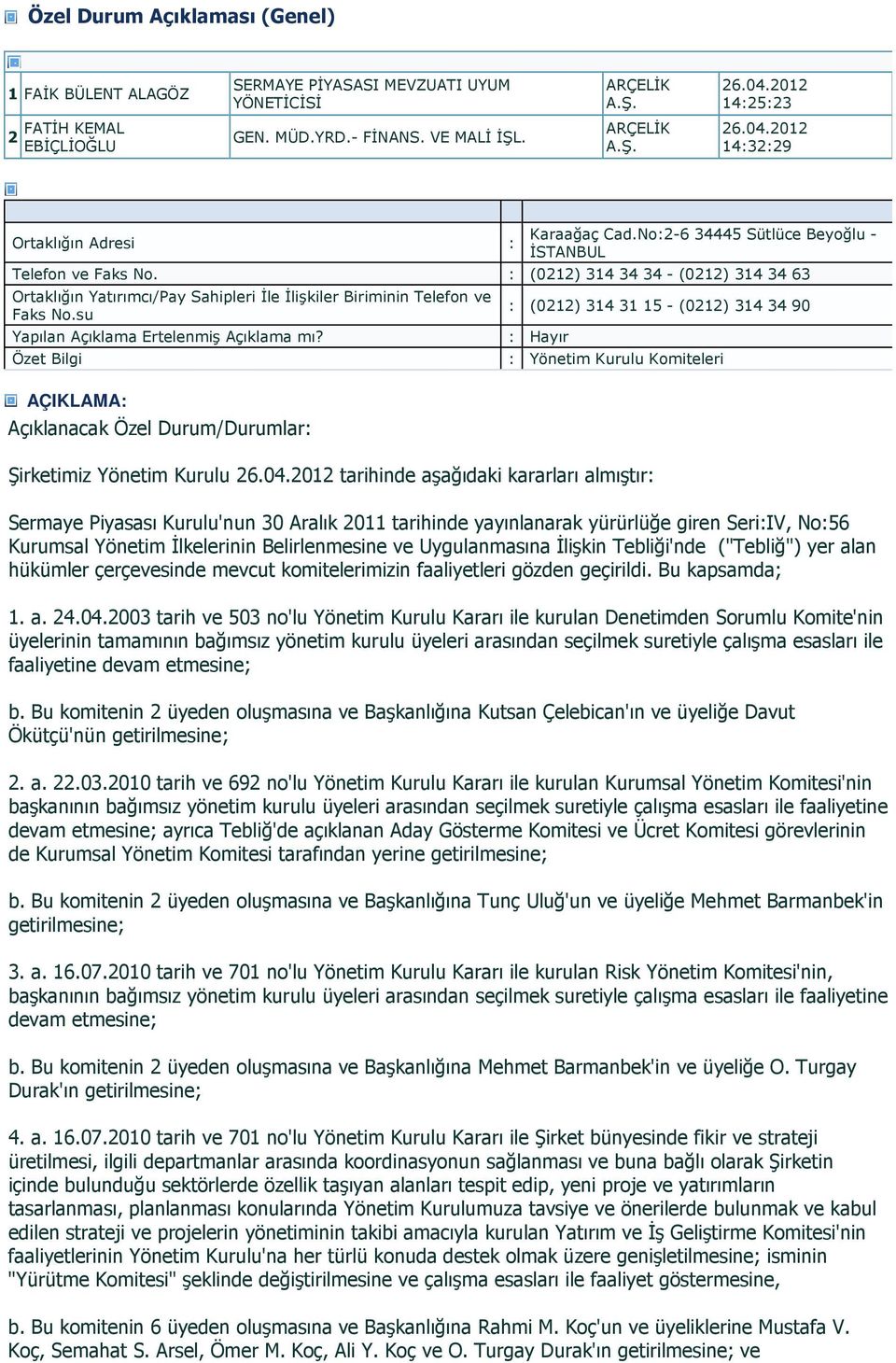 su AÇIKLAMA (0212) 314 31 15 - (0212) 314 34 90 Yönetim Kurulu Komiteleri Şirketimiz Yönetim Kurulu 26.04.