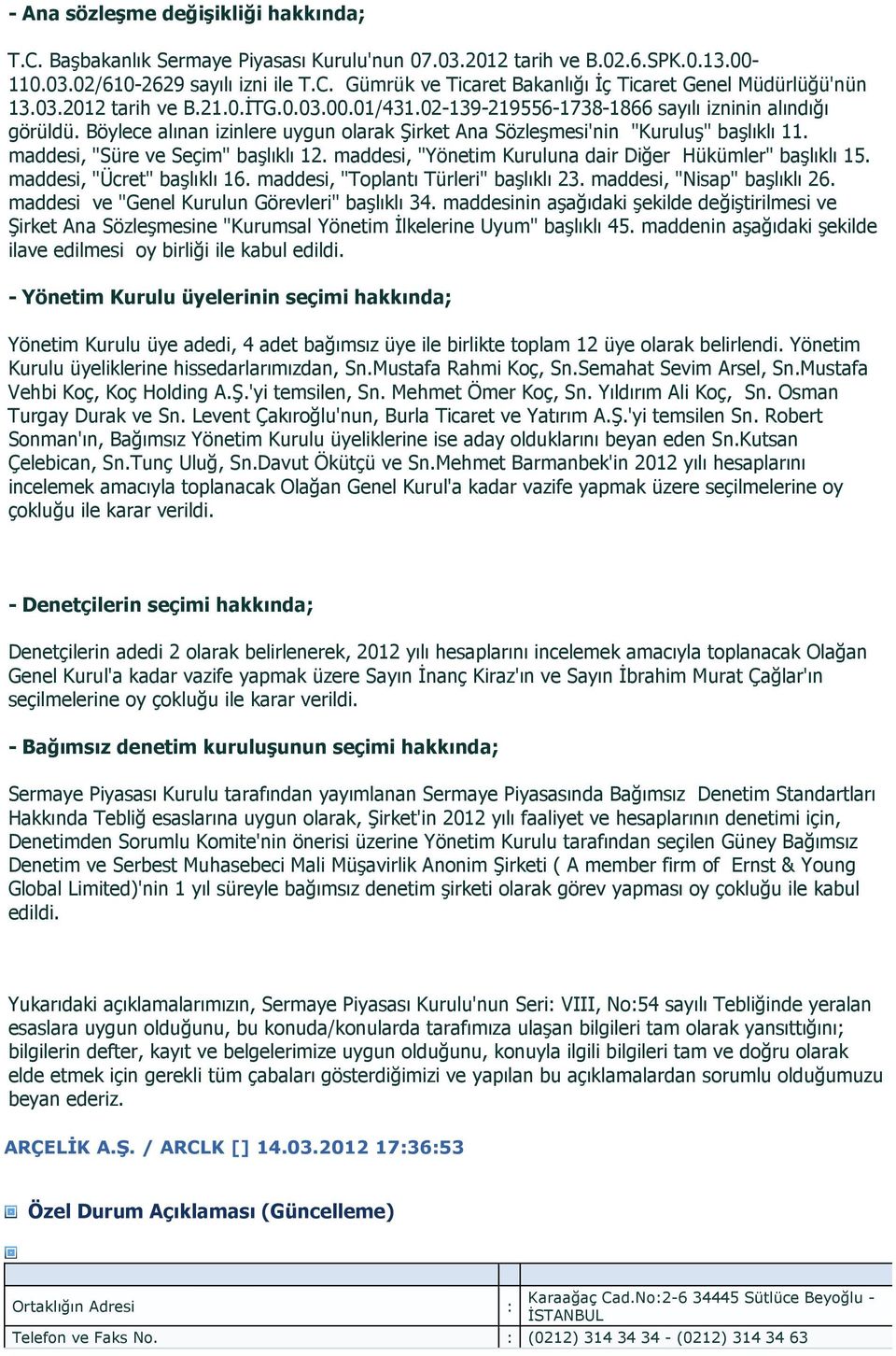 maddesi, "Süre ve Seçim" başlıklı 12. maddesi, "Yönetim Kuruluna dair Diğer Hükümler" başlıklı 15. maddesi, "Ücret" başlıklı 16. maddesi, "Toplantı Türleri" başlıklı 23. maddesi, "Nisap" başlıklı 26.