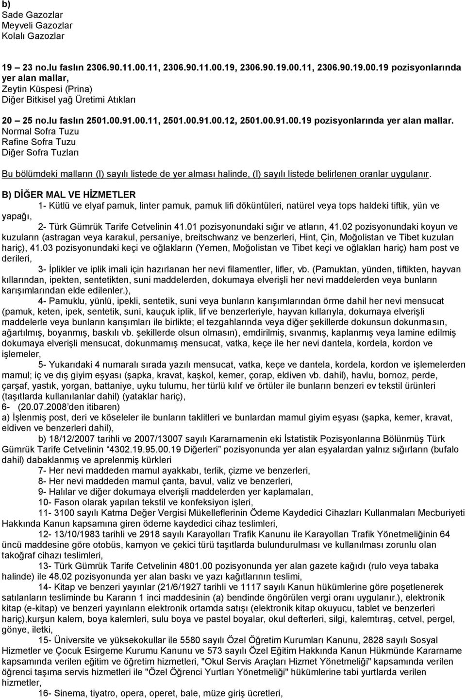 Normal Sofra Tuzu Rafine Sofra Tuzu Diğer Sofra Tuzları Bu bölümdeki malların (I) sayılı listede de yer alması halinde, (I) sayılı listede belirlenen oranlar uygulanır.