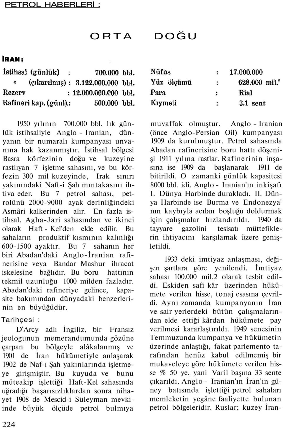 Bu 7 petrol sahası, petrolünü 2000-9000 ayak derinliğindeki Asmâri kalkerinden alır. En fazla istihsal, Agha-Jari sahasından ve ikinci olarak Haft - Kel'den elde edilir.