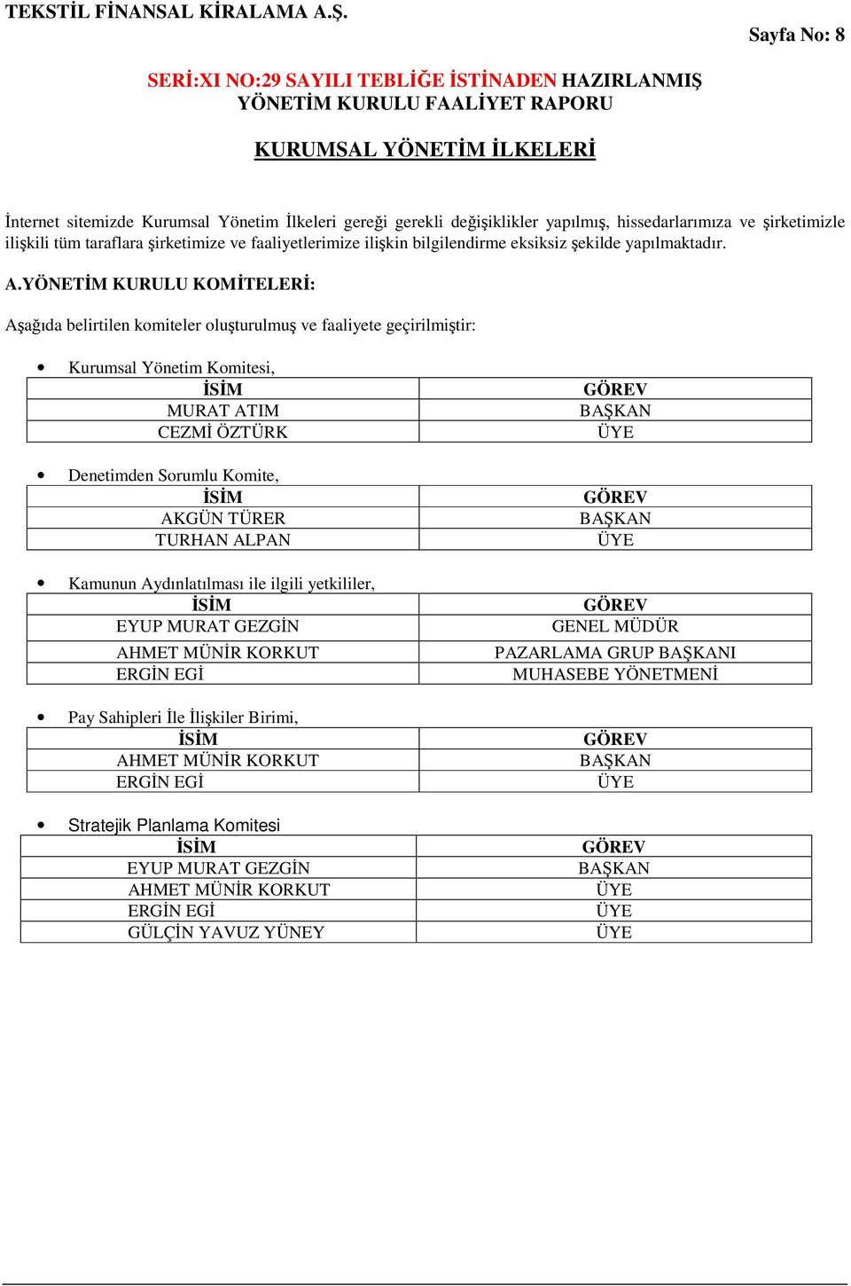 YÖNETM KURULU KOMTELER: Aaıda belirtilen komiteler oluturulmu ve faaliyete geçirilmitir: Kurumsal Yönetim Komitesi, SM MURAT ATIM CEZM ÖZTÜRK Denetimden Sorumlu Komite, SM AKGÜN TÜRER TURHAN ALPAN