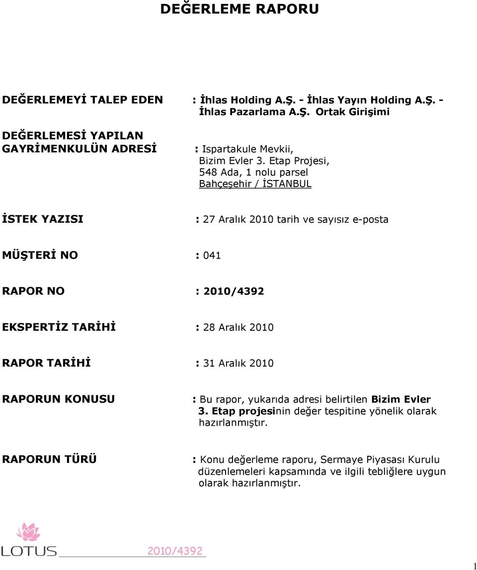 Aralık 2010 RAPOR TARĠHĠ : 31 Aralık 2010 RAPORUN KONUSU : Bu rapor, yukarıda adresi belirtilen Bizim Evler 3.