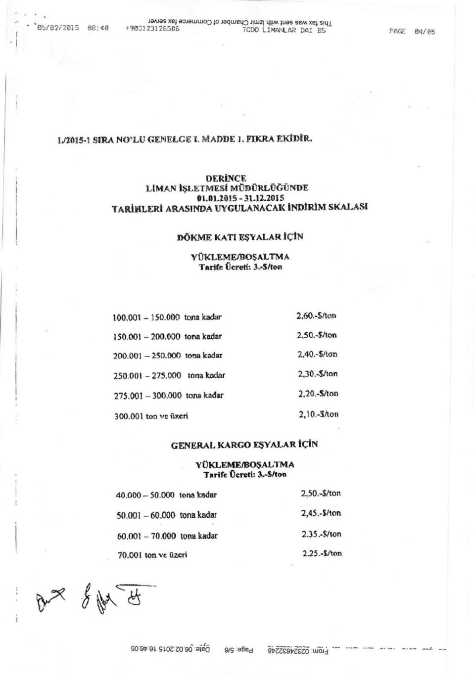 -$/ton 150 001-200.000 tona kadar 2,50.-$/ton 300.001-250.000 tona kadar 2,40.-$/ton 250.001-275.000 tona kadar 2,30.-$/ton 275.001 -- 300.000 tona kadar 2.20.-5/ton 300.001 ton ve üzeri 2,10.