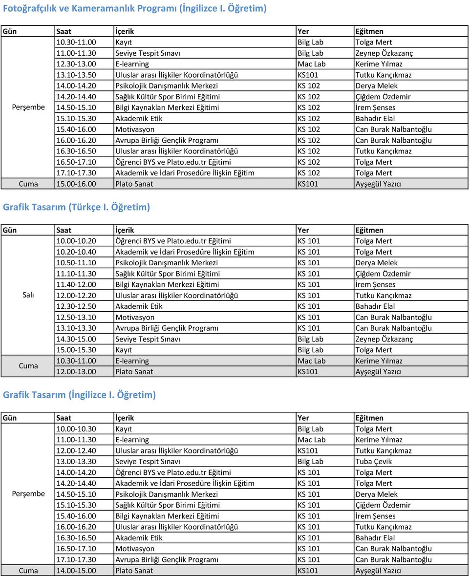 tr Eğitimi KS 101 Tolga Mert 10.20-10.40 Akademik ve İdari Prosedüre İlişkin Eğitim KS 101 Tolga Mert 10.50-11.10 Psikolojik Danışmanlık Merkezi KS 101 Derya Melek 11.10-11.