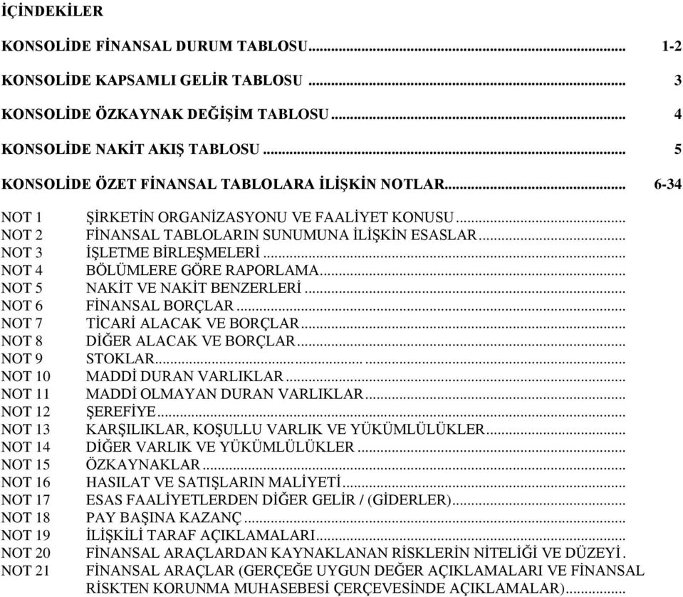 .. NOT 4 BÖLÜMLERE GÖRE RAPORLAMA... NOT 5 NAKİT VE NAKİT BENZERLERİ... NOT 6 FİNANSAL BORÇLAR... NOT 7 TİCARİ ALACAK VE BORÇLAR... NOT 8 DİĞER ALACAK VE BORÇLAR... NOT 9 STOKLAR.