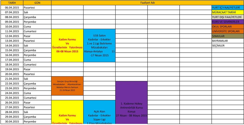 04.2015 Perşembe -17 Nisan 2015 17.04.2015 Cuma 18.04.2015 Cumartesi 19.04.2015 Pazar 20.04.2015 Pazartesi 21.04.2015 Salı 22.04.2015 Çarşamba 23.04.2015 Perşembe 24.04.2015 Cuma 25.04.2015 Cumartesi 26.