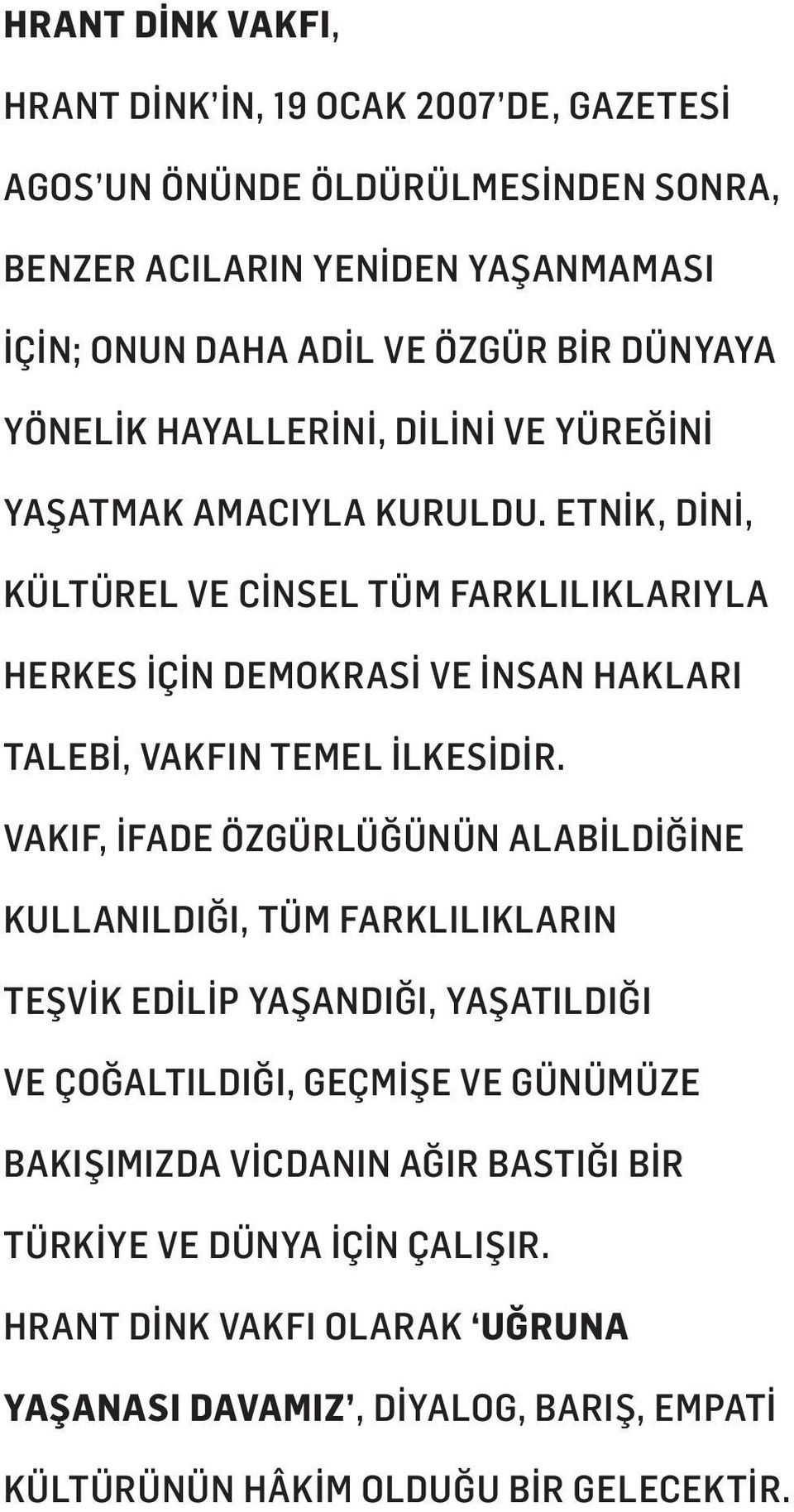 ETNİK, DİNİ, KÜLTÜREL VE CİNSEL TÜM FARKLILIKLARIYLA HERKES İÇİN DEMOKRASİ VE İNSAN HAKLARI TALEBİ, VAKFIN TEMEL İLKESİDİR.