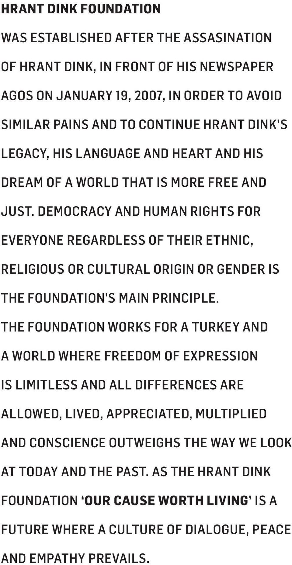 DEMOCRACY AND HUMAN RIGHTS FOR EVERYONE REGARDLESS OF THEIR ETHNIC, RELIGIOUS OR CULTURAL ORIGIN OR GENDER IS THE FOUNDATION S MAIN PRINCIPLE.