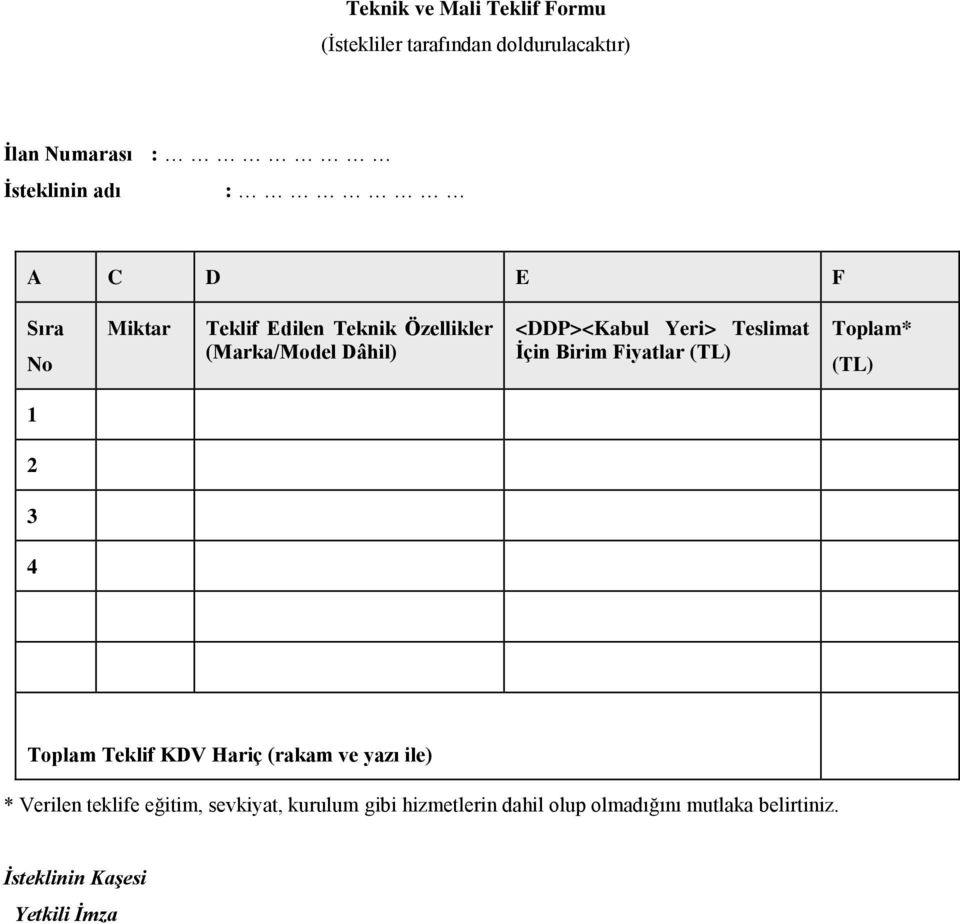 Birim Fiyatlar (TL) Toplam* (TL) 1 2 3 4 Toplam Teklif KDV Hariç (rakam ve yazı ile) * Verilen teklife