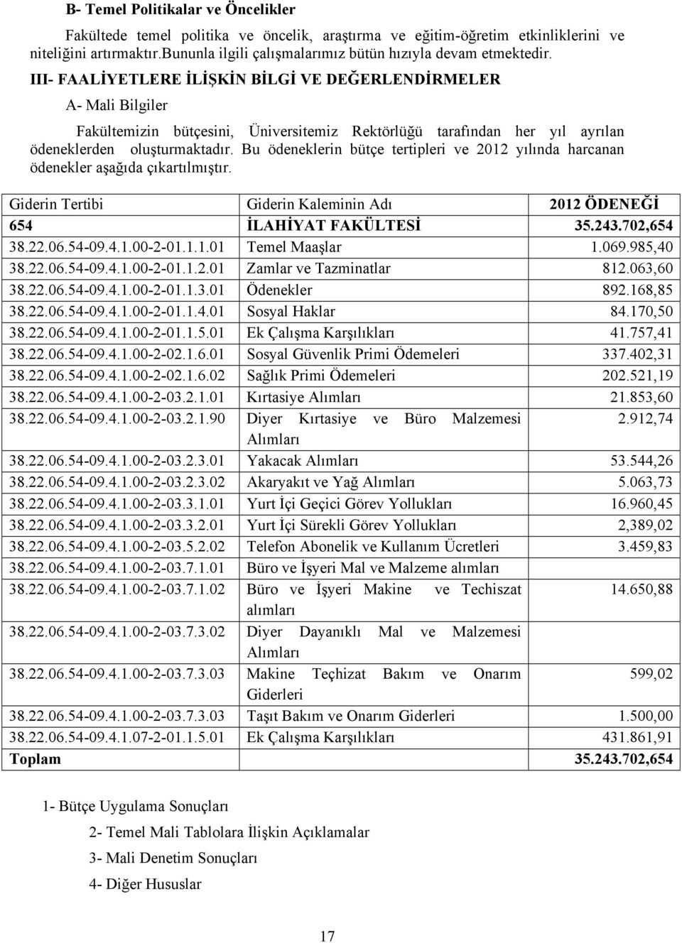 III- FAALİYETLERE İLİŞKİN BİLGİ VE DEĞERLENDİRMELER A- Mali Bilgiler Fakültemizin bütçesini, Üniversitemiz Rektörlüğü tarafından her yıl ayrılan ödeneklerden oluşturmaktadır.